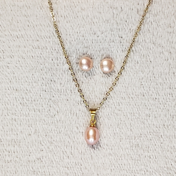 Jewelry - Pink Pearl Earrings and Necklace 18K GP